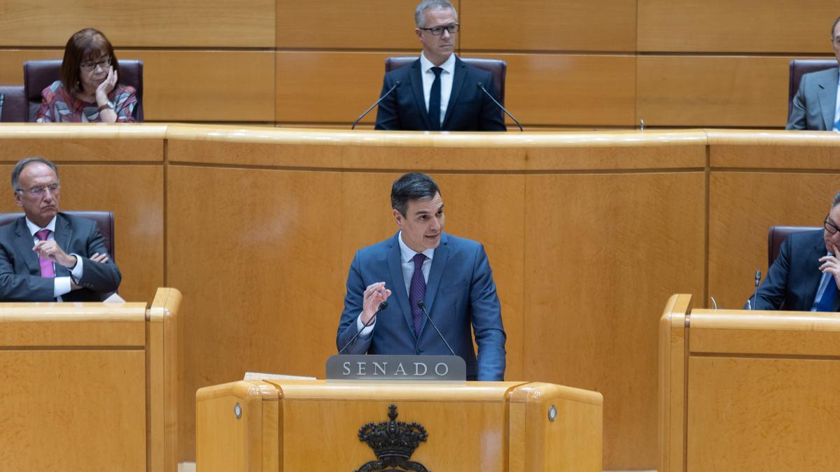 El president del govern espanyol, Pedro Sánchez, en una compareixença al Senat