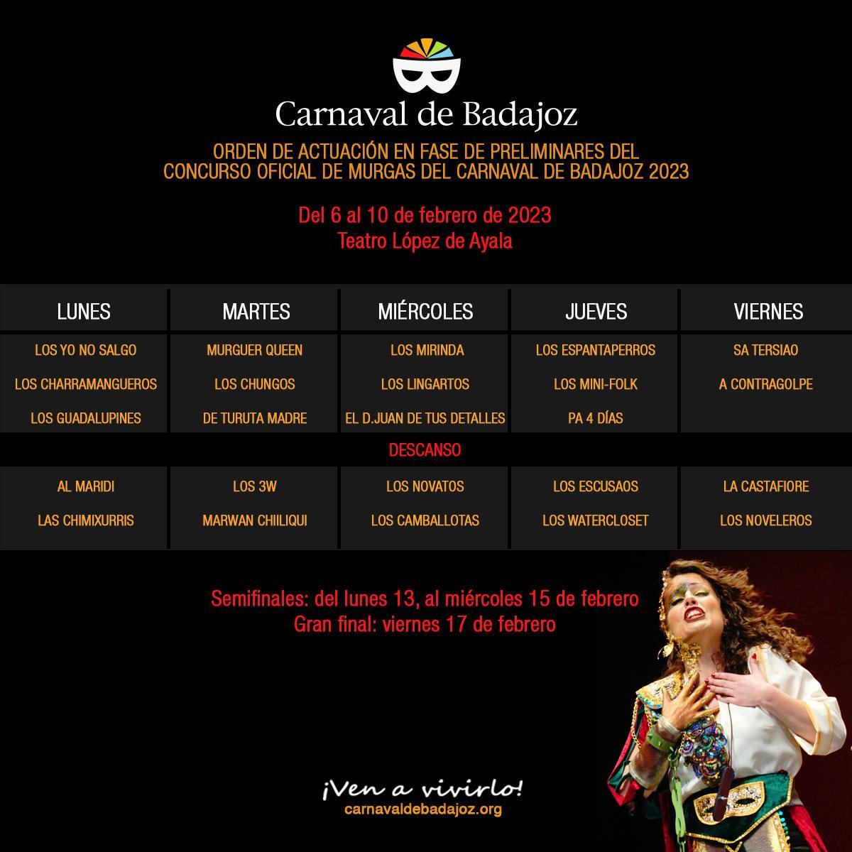 Orden del concurso de murgas del Carnaval de Badajoz.