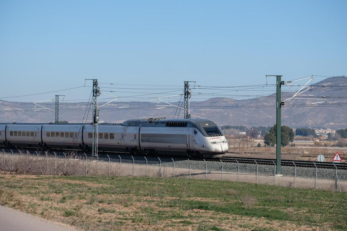 Un tren circulando a la altura de Villena por la línea de alta velocidad hacia Madrid, que en un futuro utilizarán también los que se dirijan hacia Barcelona.