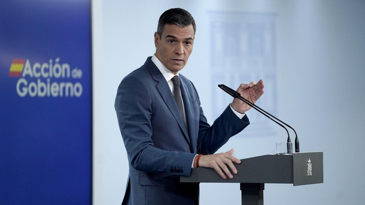 Pedro Sánchez, presidente del Gobierno, durante la rueda de prensa ofrecida en Moncloa.