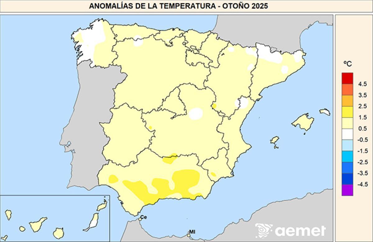 Mapa con las anomalías de la temperatura registrada en el otoño de 2025 respecto al promedio normal del período 1991-2020