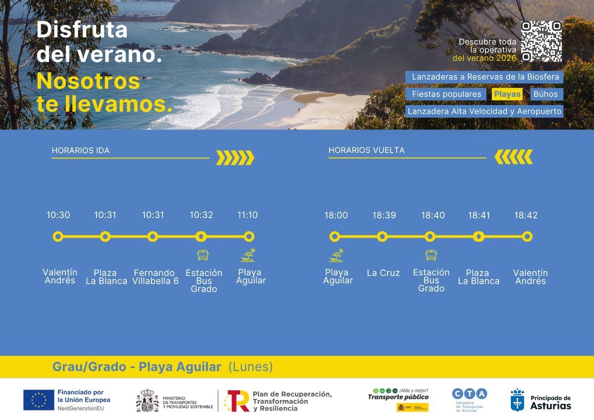 Grado vuelve a tener este verano el servicio de bus lanzadera con la playa del Aguilar.
