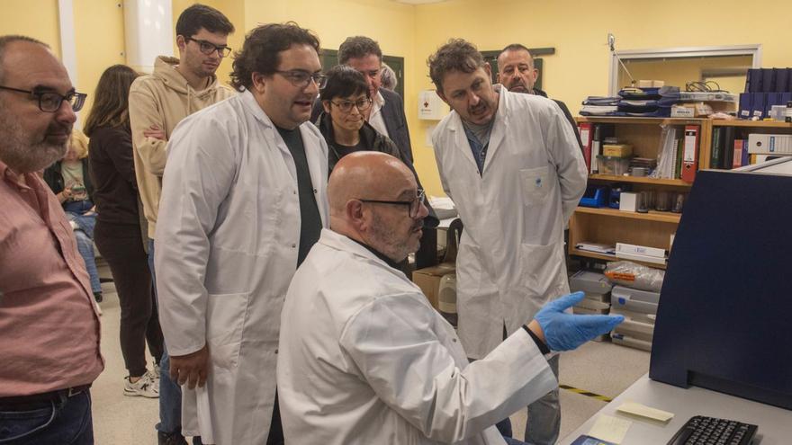 El director de los Servizos de Apoio á Investigación de la UDC, Gerardo Fernández; Rafael Carballeira, de pie con bata blanca; sentado, Alberto Núñez; el doctorando Antón Vázquez (con bata); detrás, el director de la Cátedra Hijos de Rivera, José Benito Pérez, estudiantes y personal del Museo de San Antón y de la Universidad, ayer, durante el análisis. | Casteleiro/Roller Agencia
