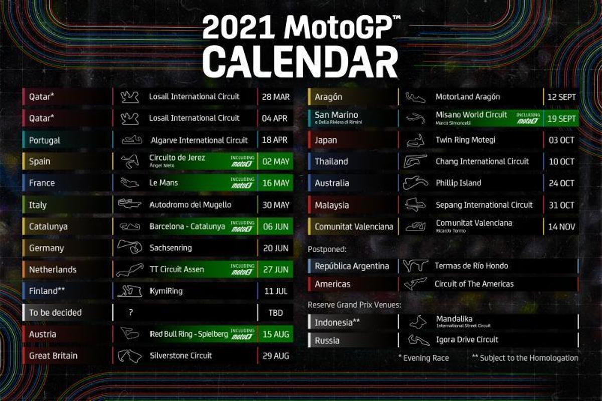 El nuevo calendario de MotoGP 2021.