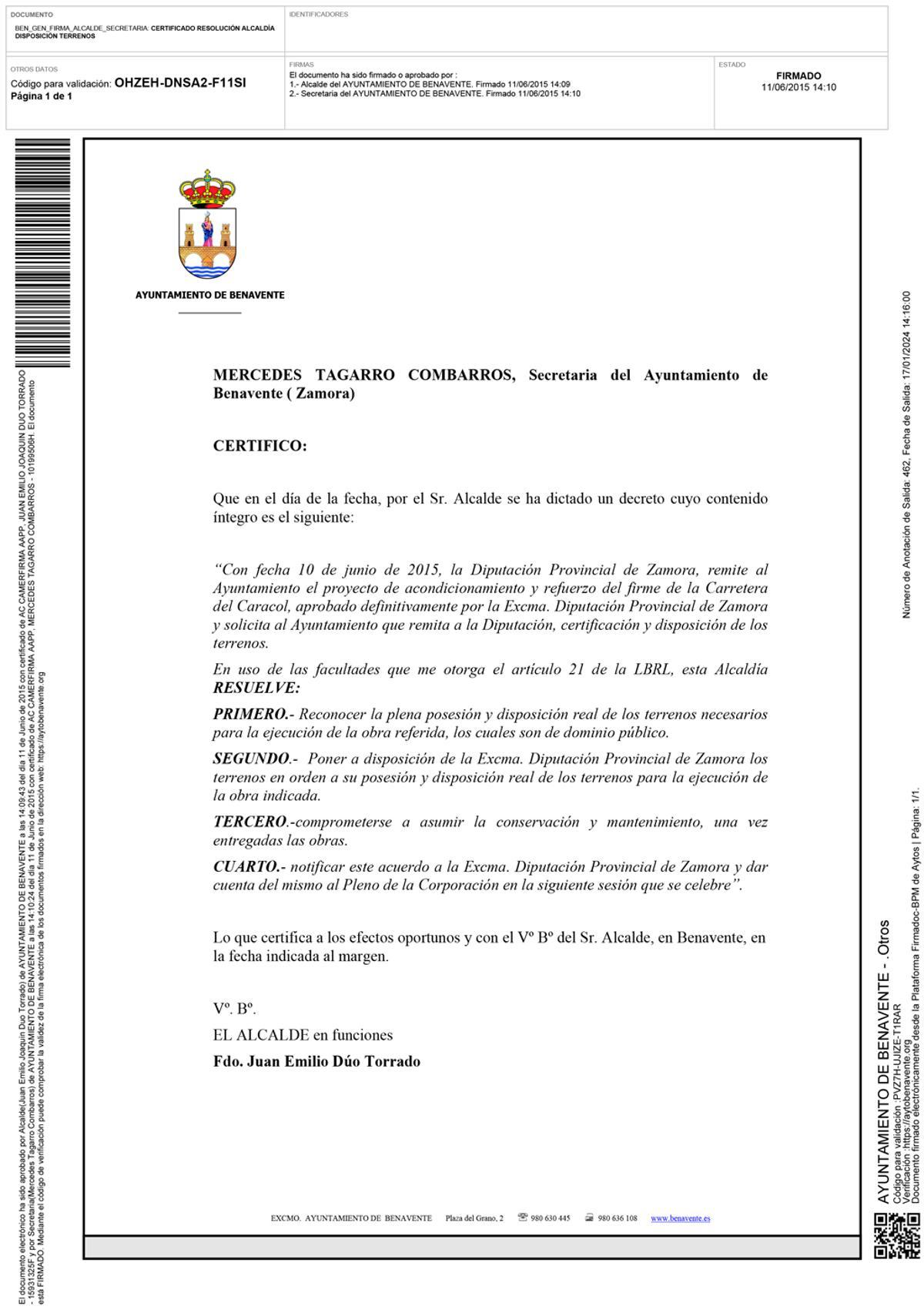 Certificado emitido por la secretaria municipal en 2015 sobre el decreto del entonces alcalde en funciones Juan Dúo.