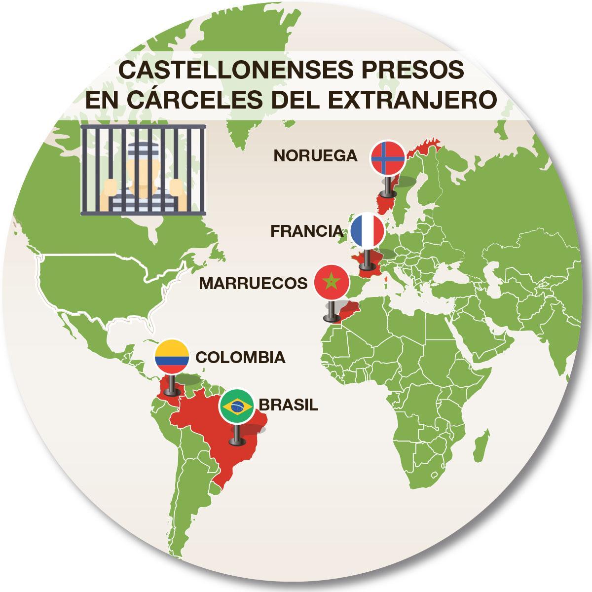 Mapa de los países donde están presos los cinco castellonenses.