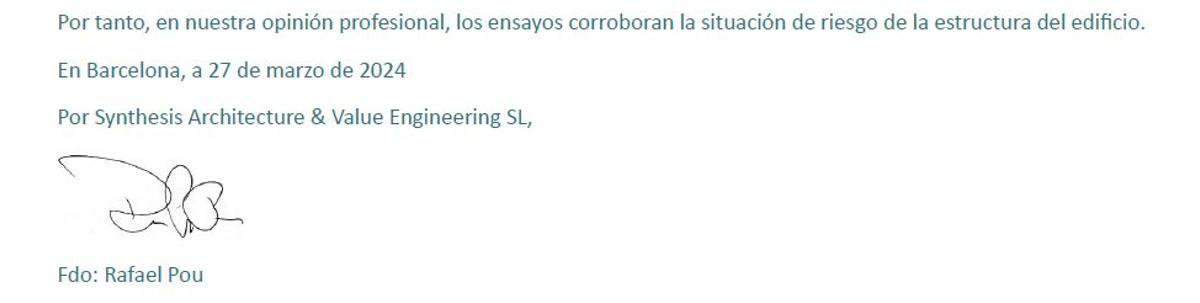 Extracto de las conclusiones del nuevo informe de laboratorio sobre 'El Barco' de Esplugues.