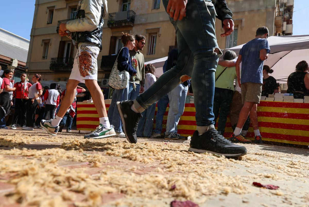 Una calle alfombrada de la pelusa de los pátanos, el día de Santr Jordi.