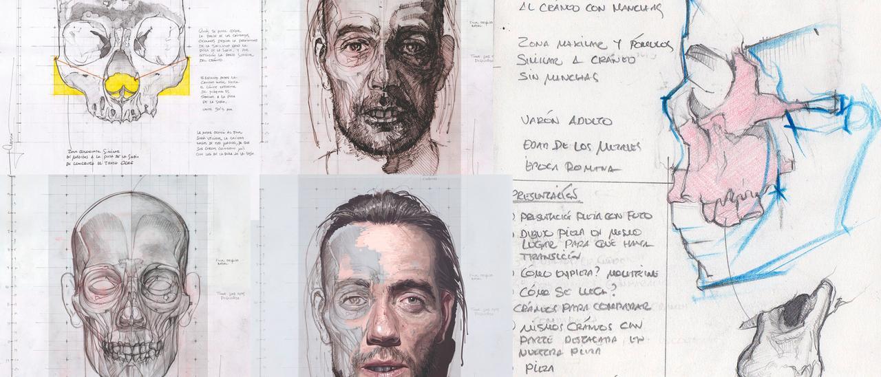 El proceso de creación de la imagen, y a la derecha, una hoja del cuaderno de apuntes de Iván Cuervo con el primer boceto.