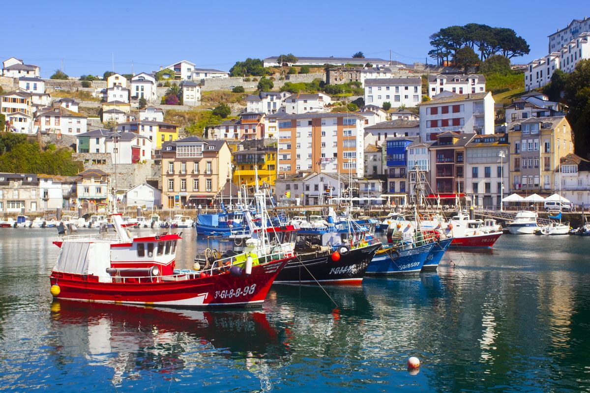Vista del puerto en el pueblo costero de Luarca, con la flota de barcos de pesca amarrados