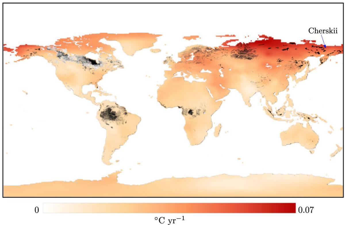 Las áreas rojas se están calentando más rápido, mientras que las áreas negras y grises muestran suelos de turba ricos en carbono. Existe una superposición significativa e.jpg