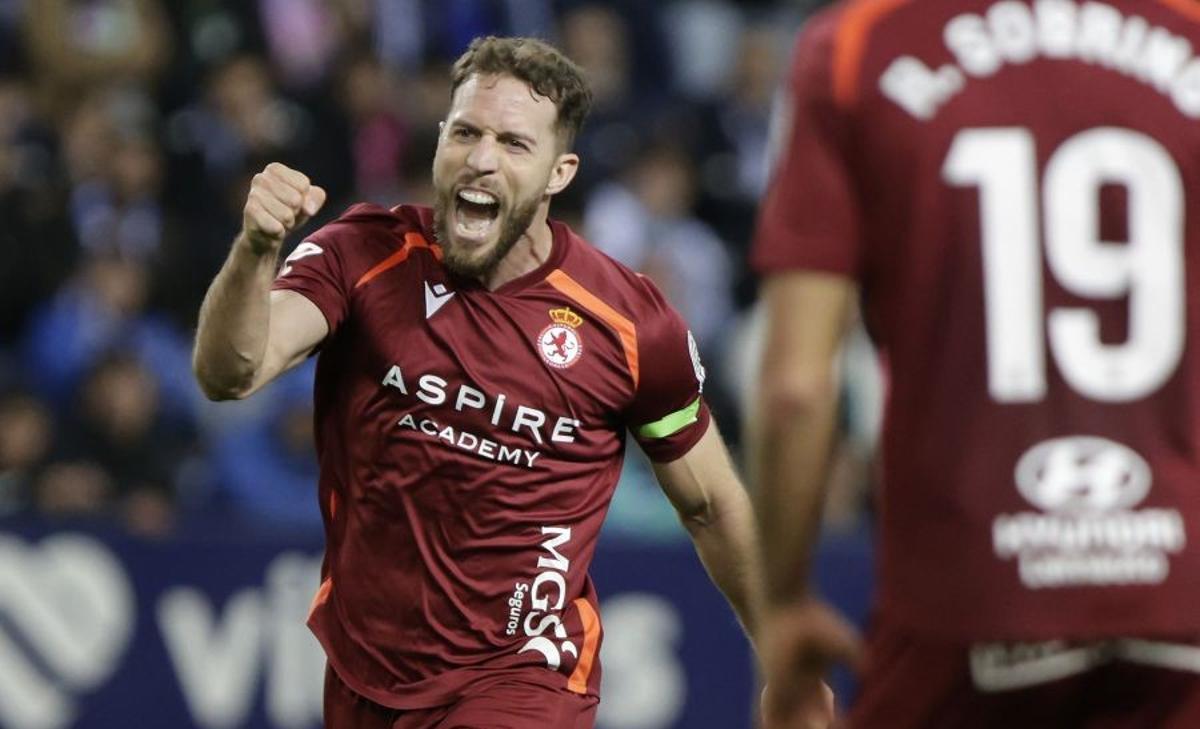 Calero celebra su gol ante el Málaga en la pasada jornada.