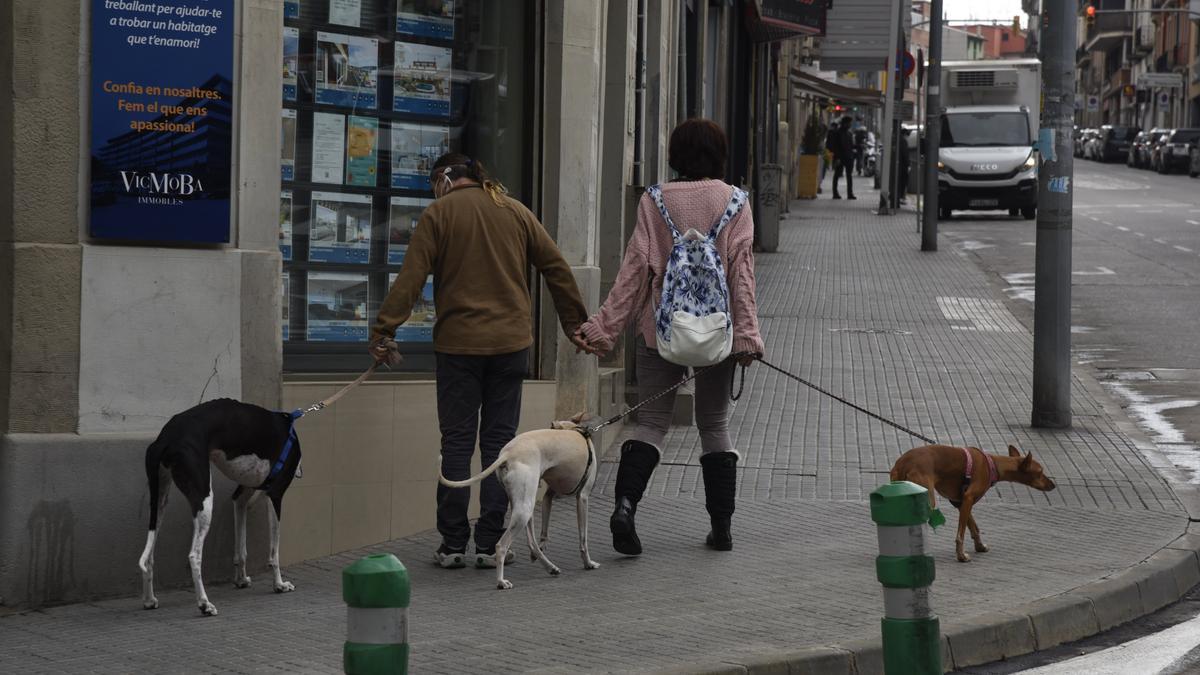 Imatge d&#039;arxiu de dues persones passejant els gossos al centre de Manresa