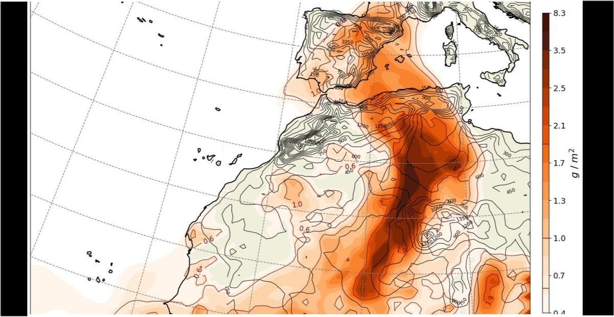 Polvo en suspensión sobre la península Ibérica, procedente del norte de África, en mapa elaborado por la Aemet.