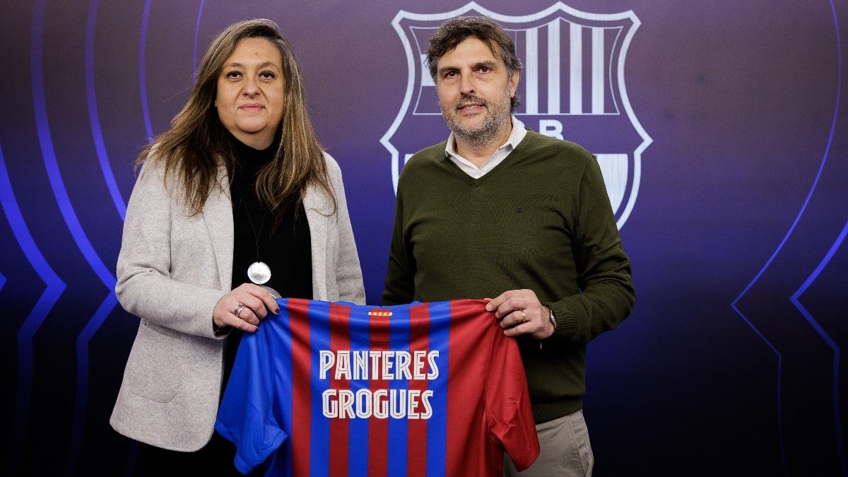 Elena Fort y Joan Miró en el acto de presentación del acuerdo entre FC Barcelona y Panteres Grogues