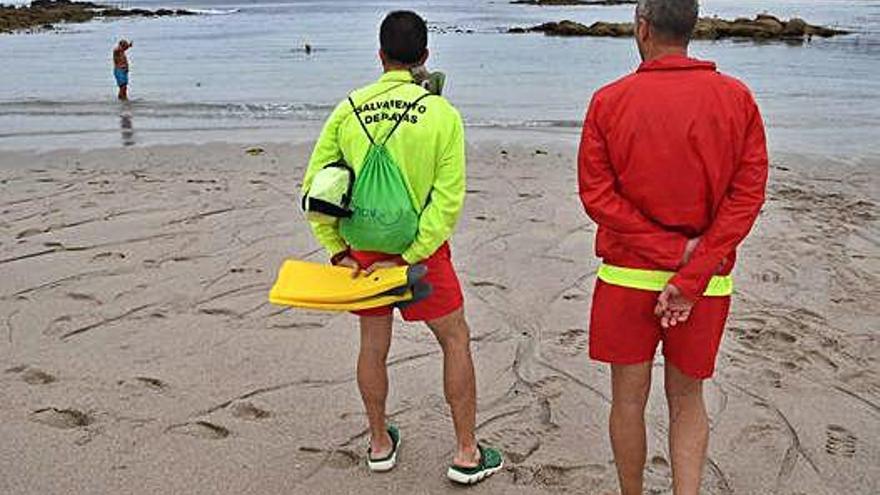 Dos socorristas vigilan a los bañistas en la playa de Riazor.