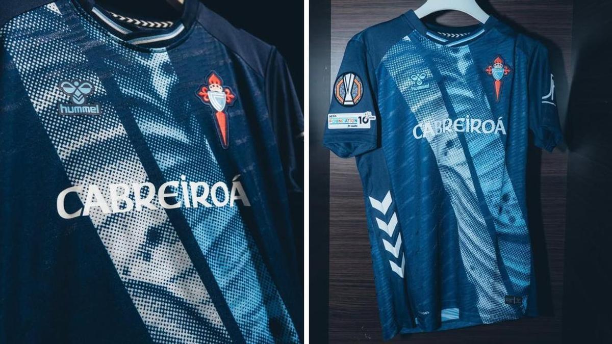 Camiseta con publicidad de Cabreiroá con la que el Celta jugará ante el Olympique
