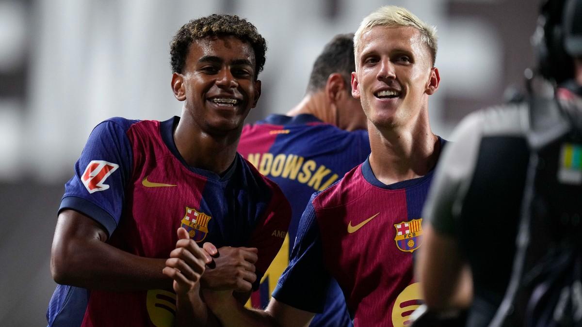 Lamine Yamal y Dani Olmo celebran el tanto de la victoria frente al Rayo Vallecano