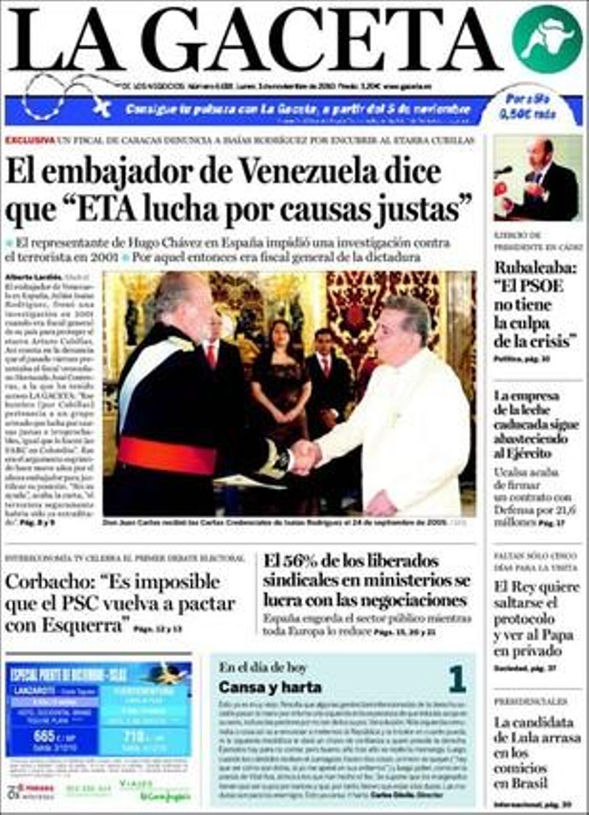 ’La Gaceta’ destaca a dins que ETA prepara agrupacions d’electors per ser a les urnes; que Espanya es despenja del corrent europeu d’aprimament del sector públic, i que el final de la bombolla immobiliària crea un nou model de negoci. També revela la secreta obra literària del murcià Francisco Pérez de los Cobos, nou jutge del Tribunal Constitucional: és creador d’aforismes i contes, a més de molt crític amb els nacionalismes.