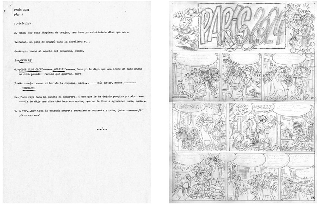 Doble página de guion y dibujo de París, 2024.
