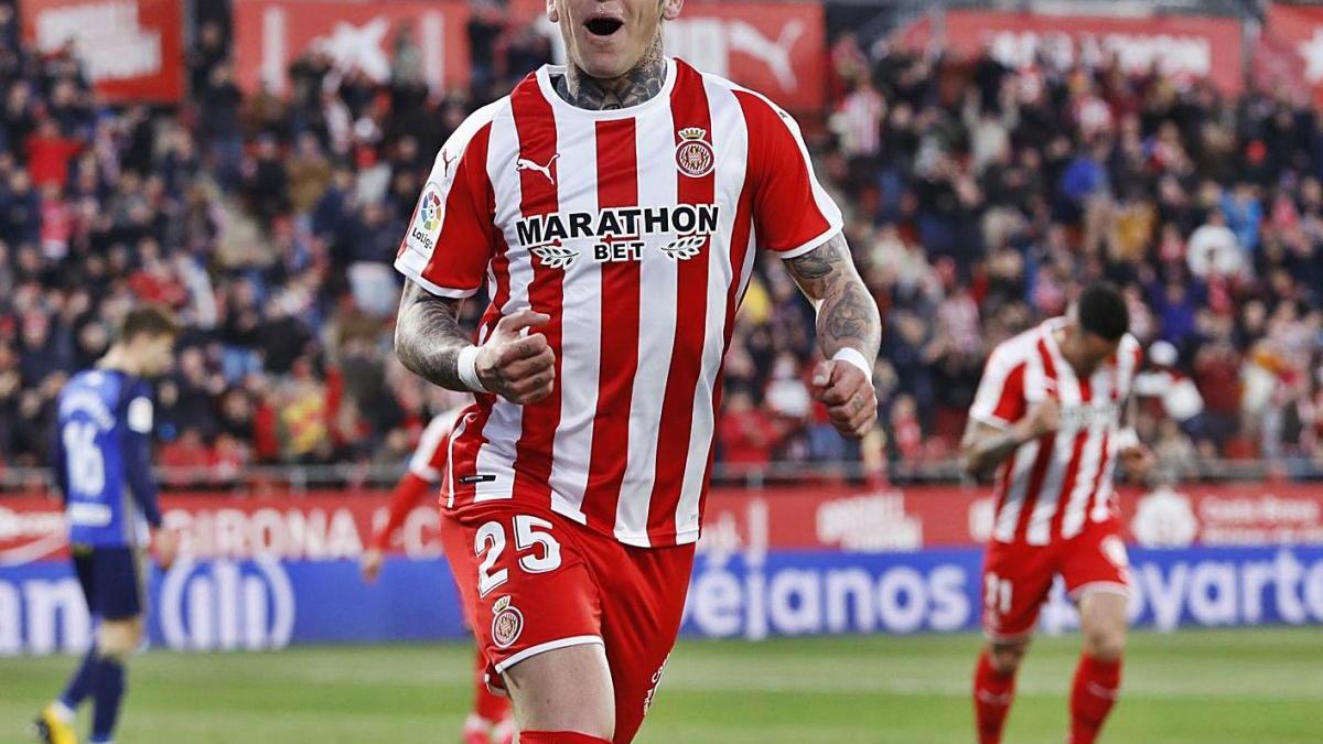 Brandon celebra un gol al Ponferradina la temporada passada a Montilivi.