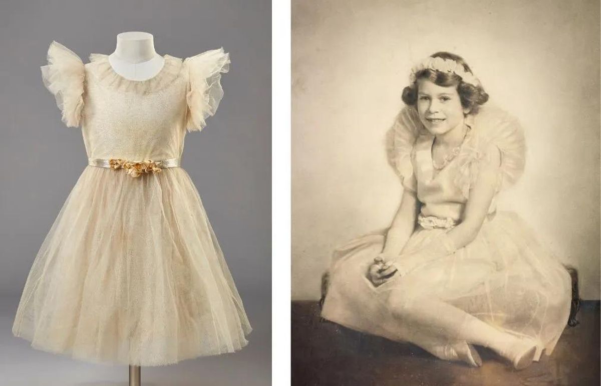Vestido de dama de honor, Edward Molyneux, 1934. Derecha: Isabel II cuando era princesa Isabel de York, Elliott & Fry, 1934.