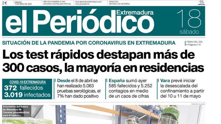 Esta es la portada de EL PERIÓDICO EXTREMADURA correspondiente al día 18 de abril del 2020