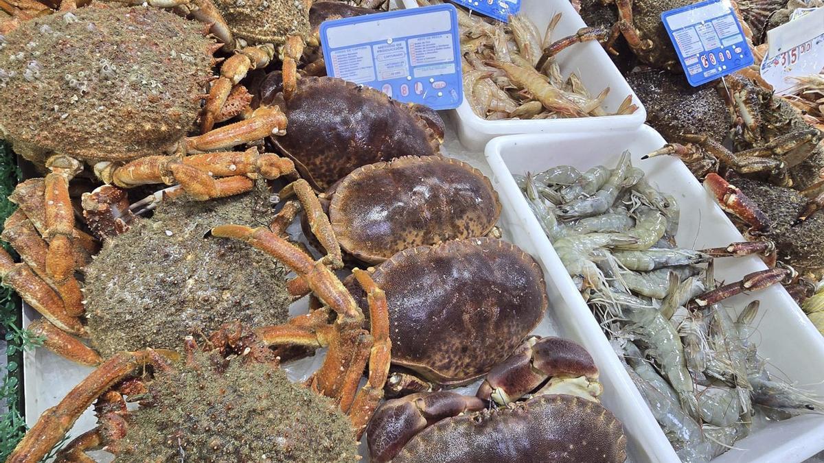 Varios tipos de mariscos, en un puesto de un mercado.