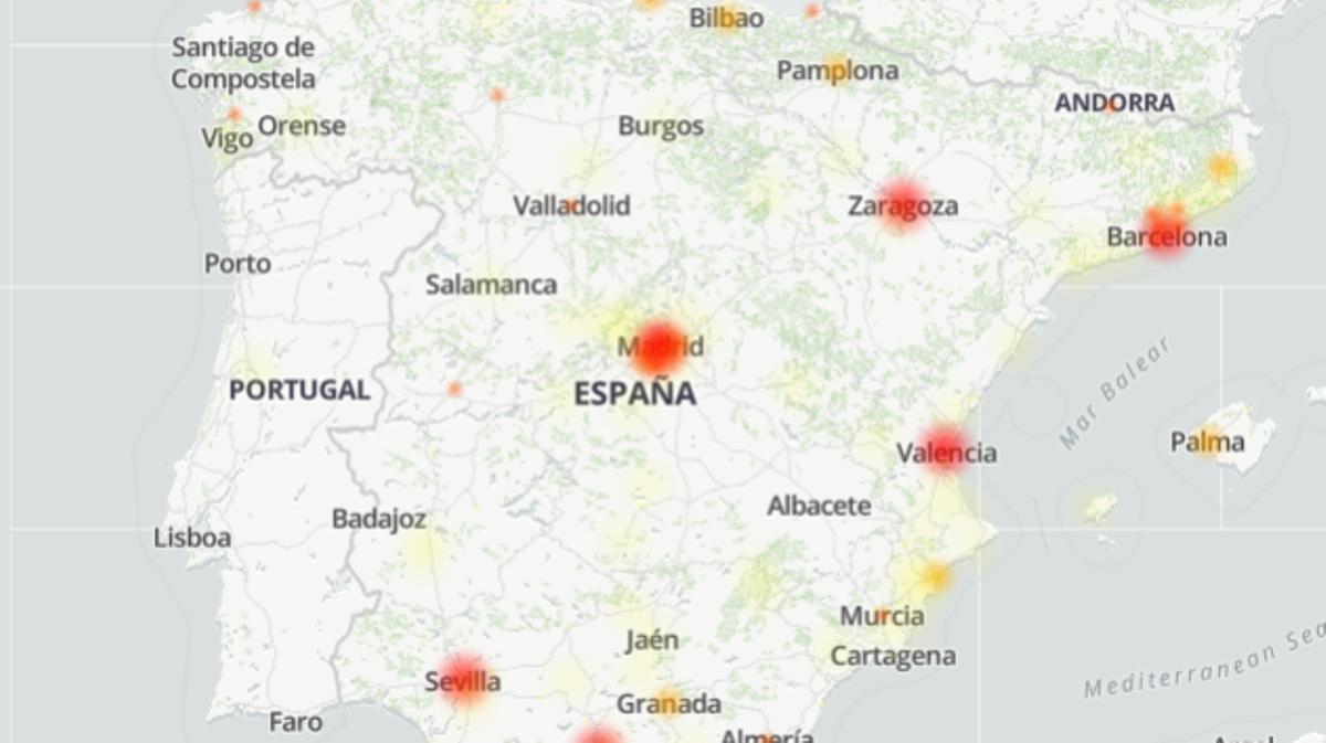 Mapa de las principales zonas de España afectadas por la caída de servicios de Meta, este martes.