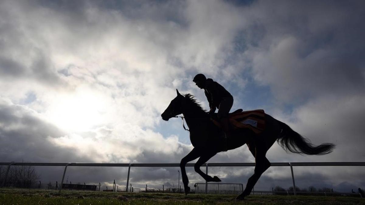 Un jinete se ejercita con su caballo en el hipódromo de Aintree, en Liverpool, preparando el Grand National.