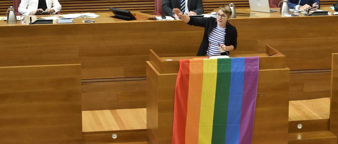 Papi Robles despliega la bandera LGTBI en la tribuna de las Cortes.