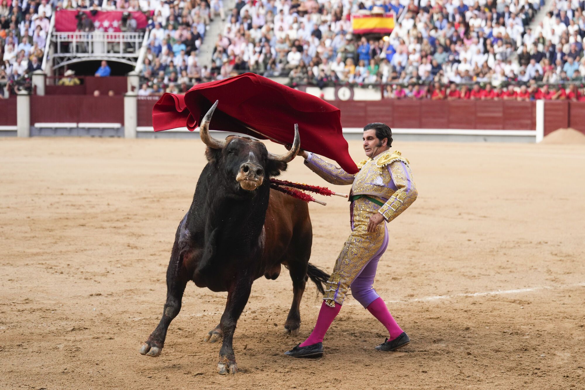 MADRID, 12/10/2025.- El diestro Morante de la Puebla en la lidia de su primer de la tarde en el festejo taurino de la Feria de Otoño celebrado este domingo en la plaza de Las Ventas, en Madrid. EFE/ Borja Sánchez-Trillo
