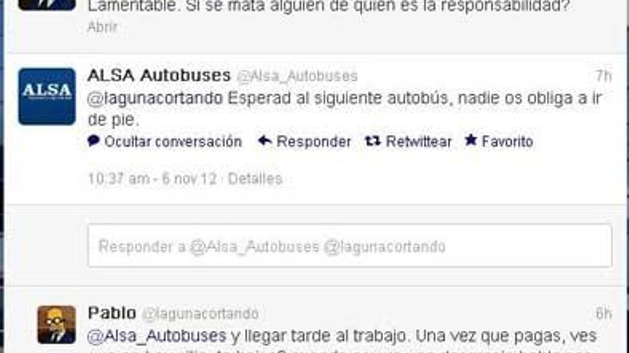 La conversación en Twitter entre Alsa y un usuario.