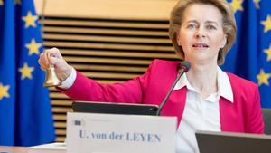 HANDOUT - 27 May 2020, Belgium, Brussels: European Commission President Ursula von der Leyen announces the start of the commission weekly meeting. Photo: Etienne Ansotte/European Commission/dpa - ATTENTION: editorial use only and only if the credit mentioned above is referenced in full