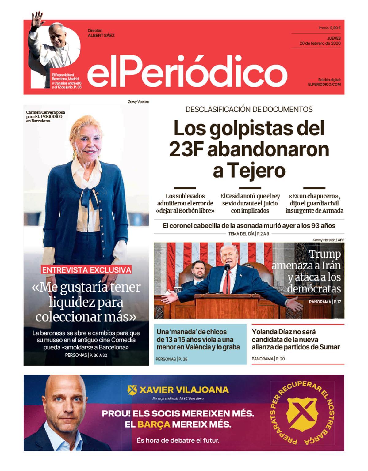 La portada de EL PERIÓDICO del 26 de febrero de 2026