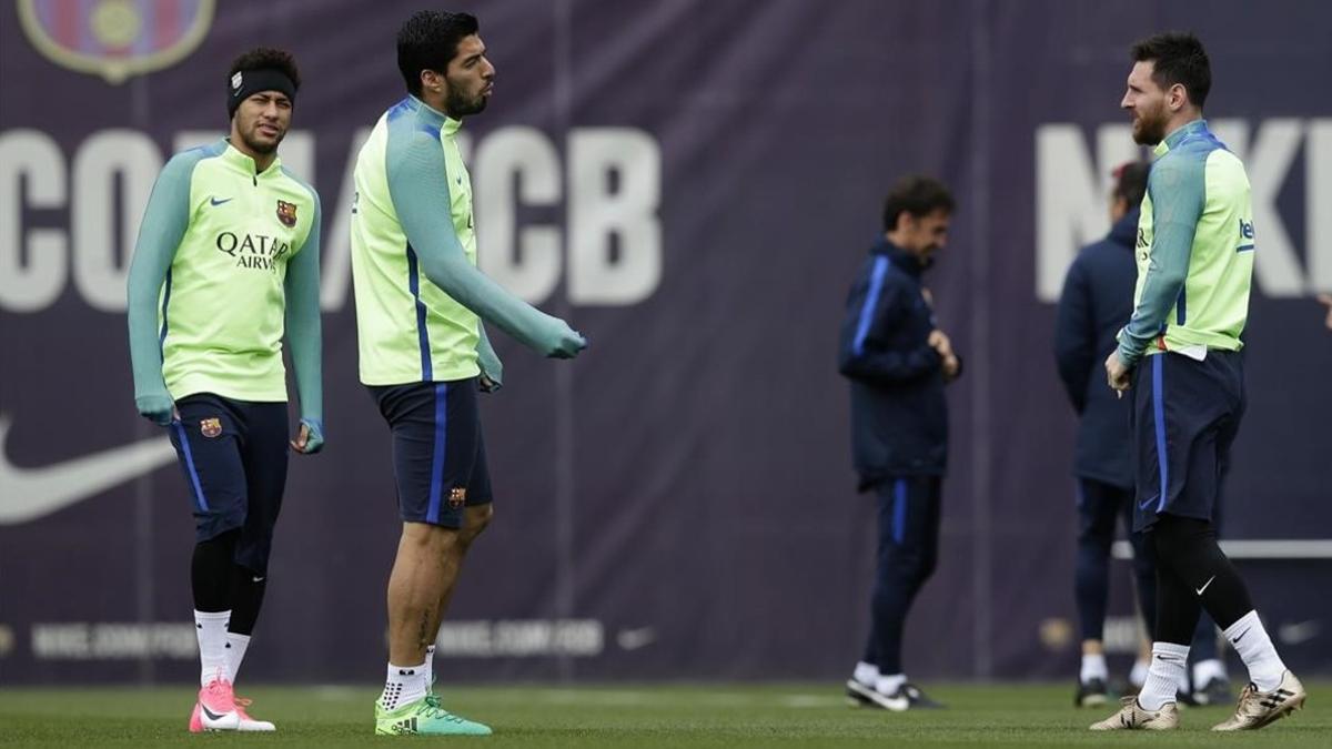 Neymar, Suárez y Messi, en un entrenamiento del Barcelona en la ciudad deportiva de Sant Joan Despí.