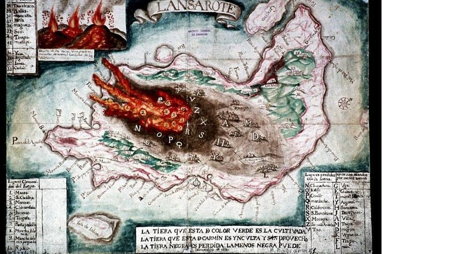 Mapa de la erupción del Timanfaya en un cuadro de la época