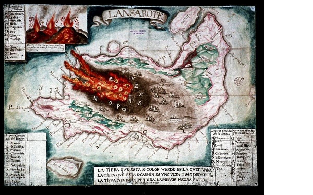 Mapa de la erupción del Timanfaya en un cuadro de la época