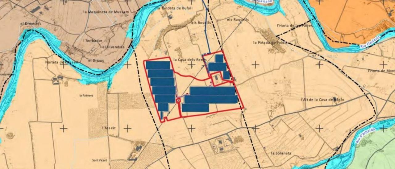 La planta solar se proyecta en unos terrenos de Bufali que lindan con el Clariano y El Palomar. | LEVANTE-EMV