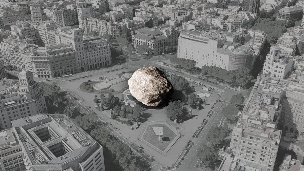Recostrucción artística del asteriode 2024 YR4 sobre la plaza de Catalunya de Barcelona para comparar el tamaño.