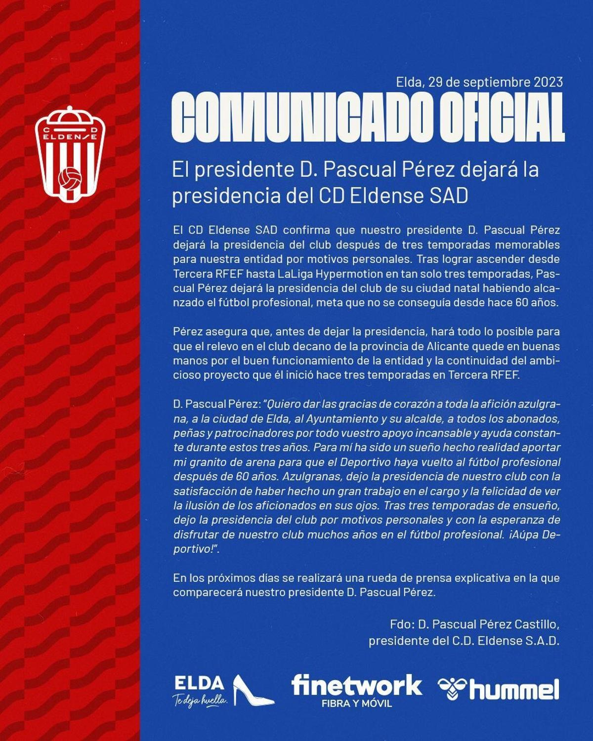 Comunicado oficial emitido por el CD Eldense anunciando la salida de Pascual Pérez de la presidencia.
