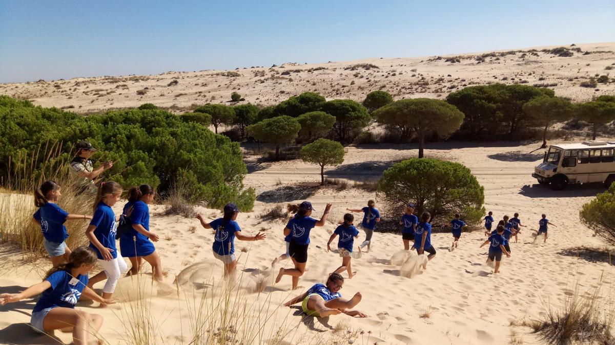 Los niños del campamento de la hermandad del Rocío de Los Palacios y Villafranca disfrutan corriendo por las arenas de Doñana. / El Correo