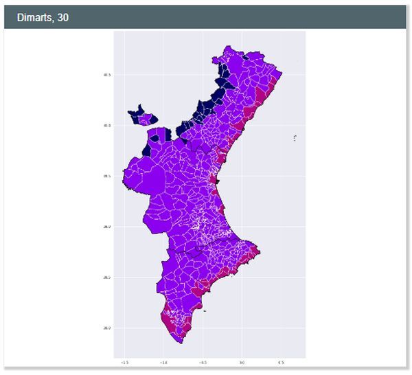 Mapa que muestra las temperaturas nocturnas para el martes en Castellón.