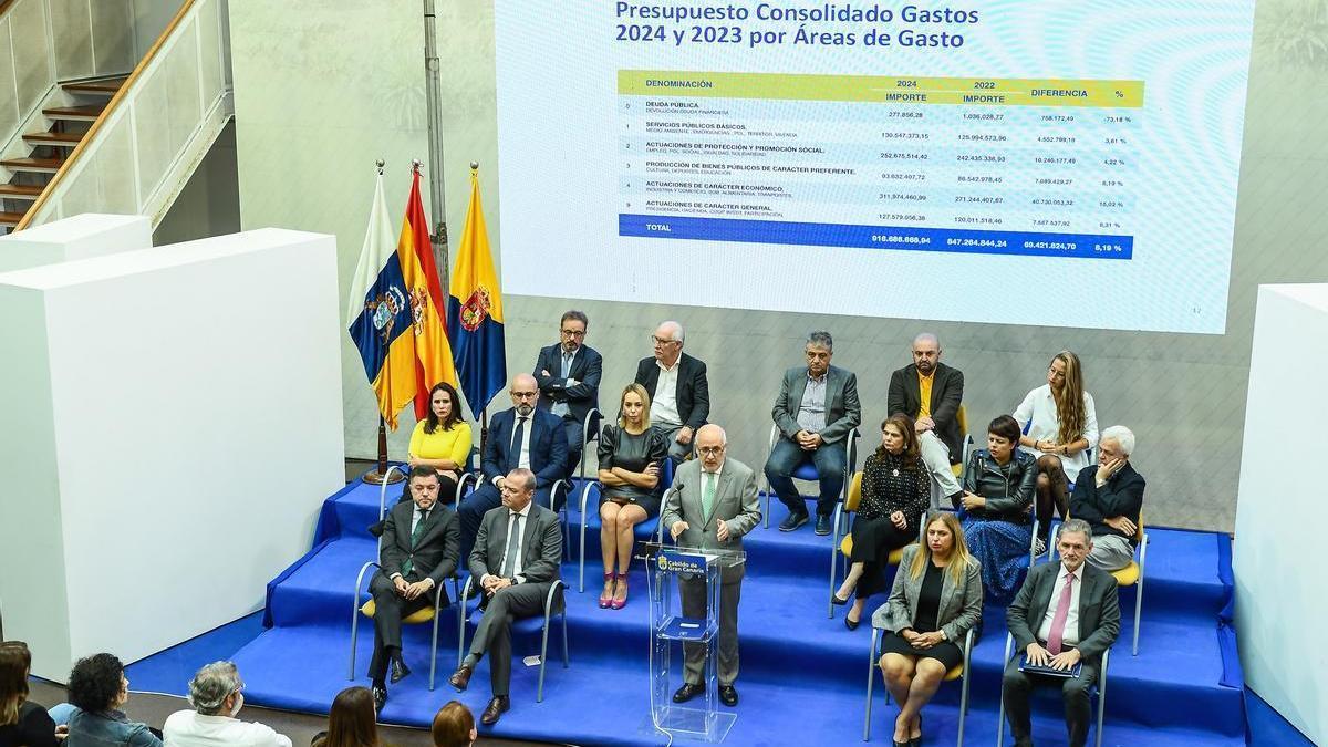 El grupo de gobierno del Cabildo de Gran Canaria, el lunes durante la presentación del presupuesto.