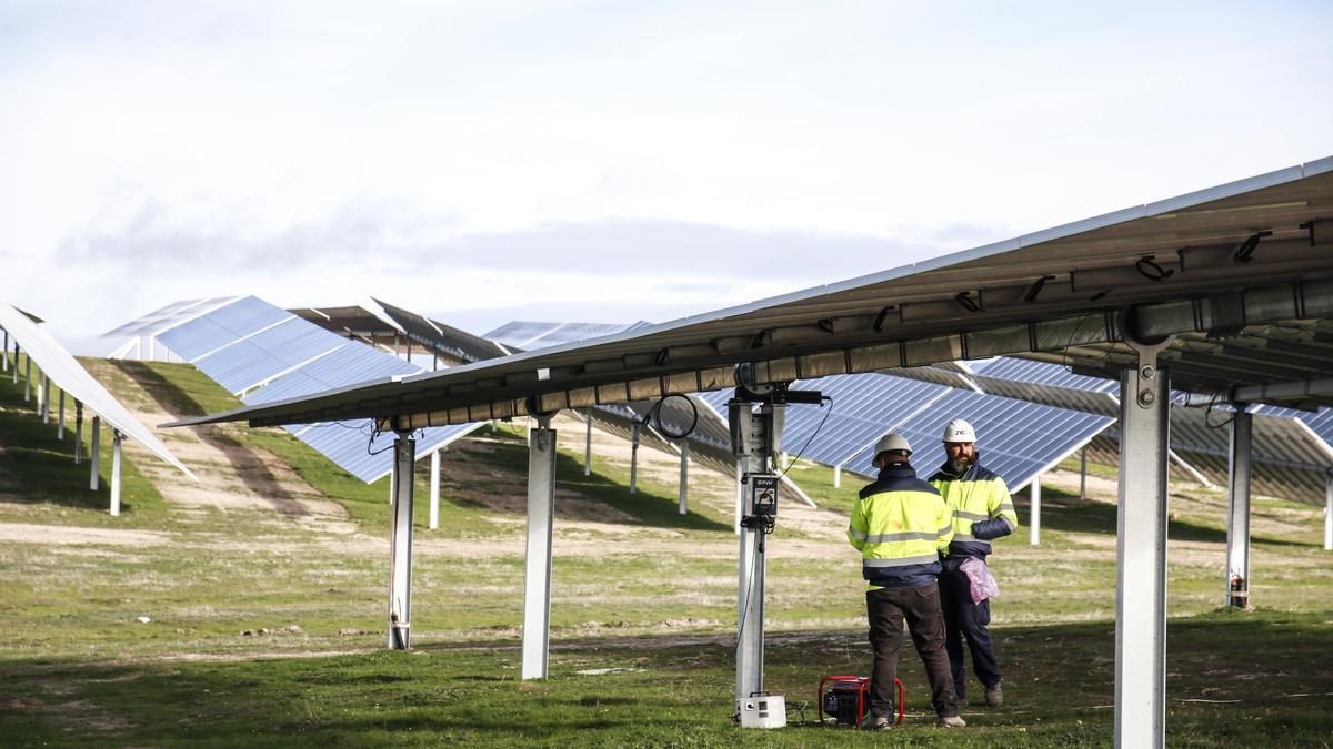 Trabajadores en un parque fotovoltaico de Cáceres. El TS tendrá que decidir sobre el desarrollo de esta actividad en suelos con protección LLanos.