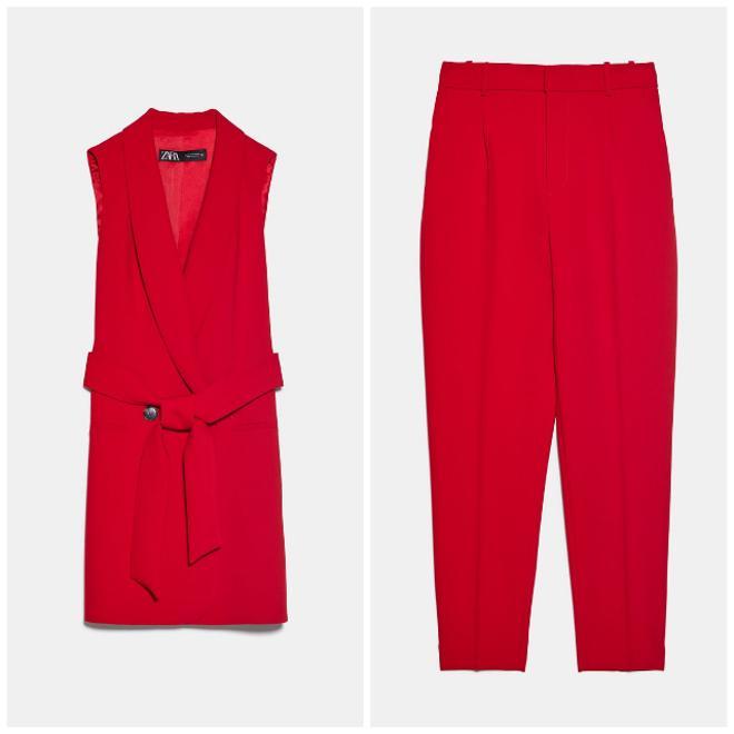 Conjunto de pantalón y chaleco rojo de Zara