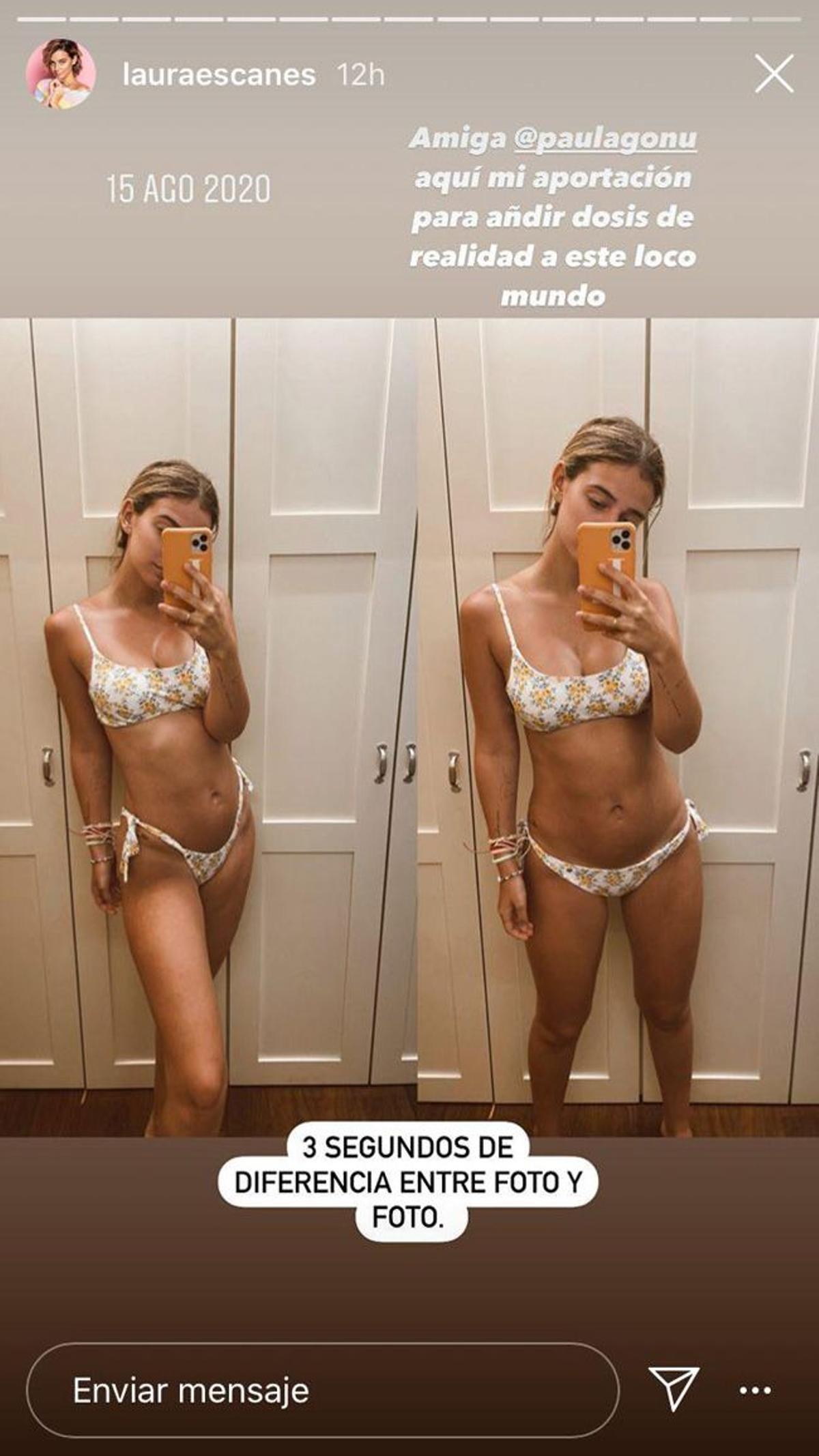 Laura Escanes posa de dos formas distintas en bikini para mostrar la diferencia entre una imagen y otra