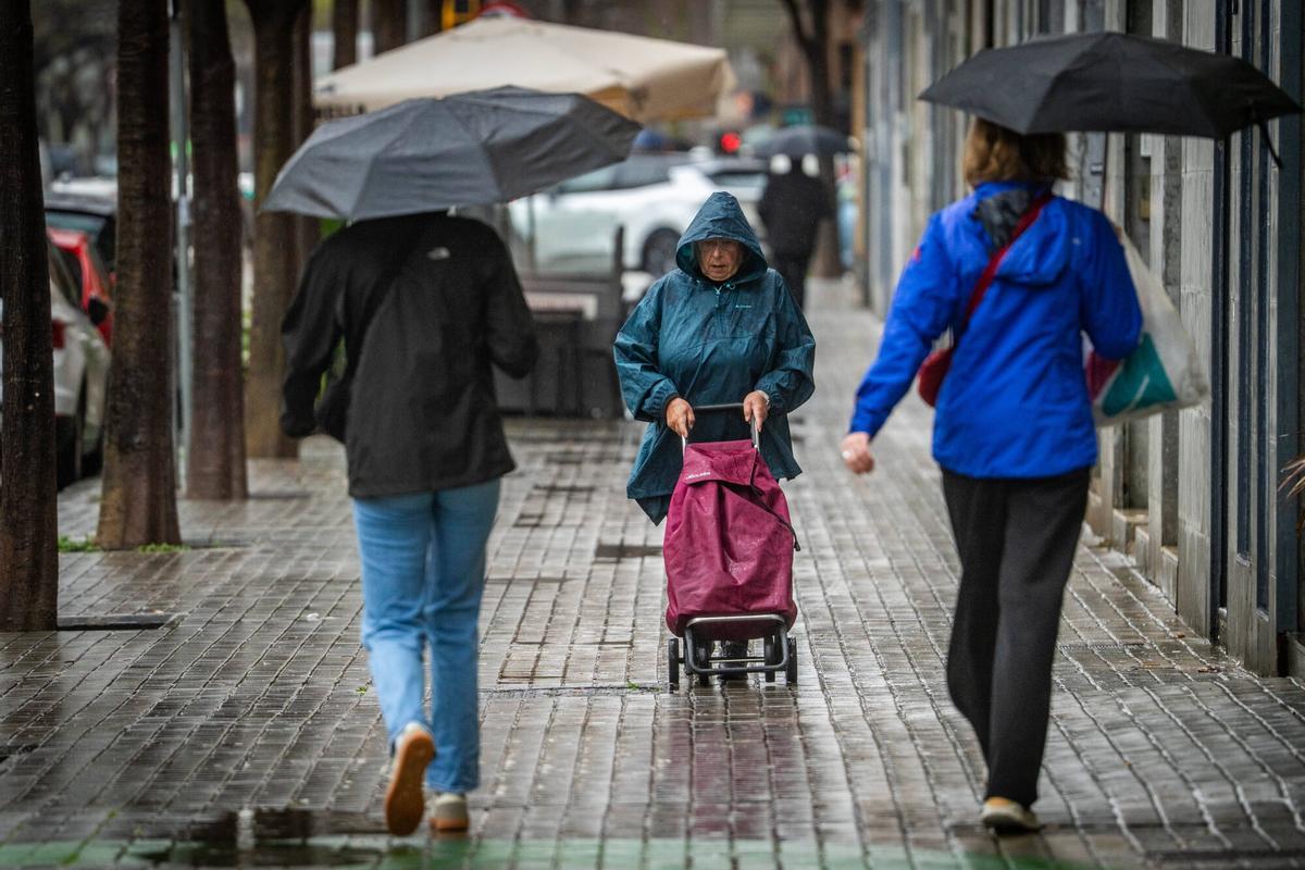 Diverses persones caminant pel carrer amb paraigua i impermeables.