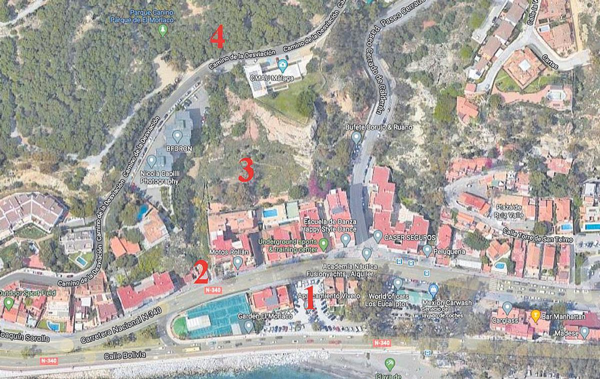 Vista aérea del proyecto de conexión: 1 (pastilla del lavacoches y el vivero), 2 (entrada actual a la parcela municipal), 3 (parcela municipal bajo el OMAU), 4 (Parque Forestal del Morlaco).