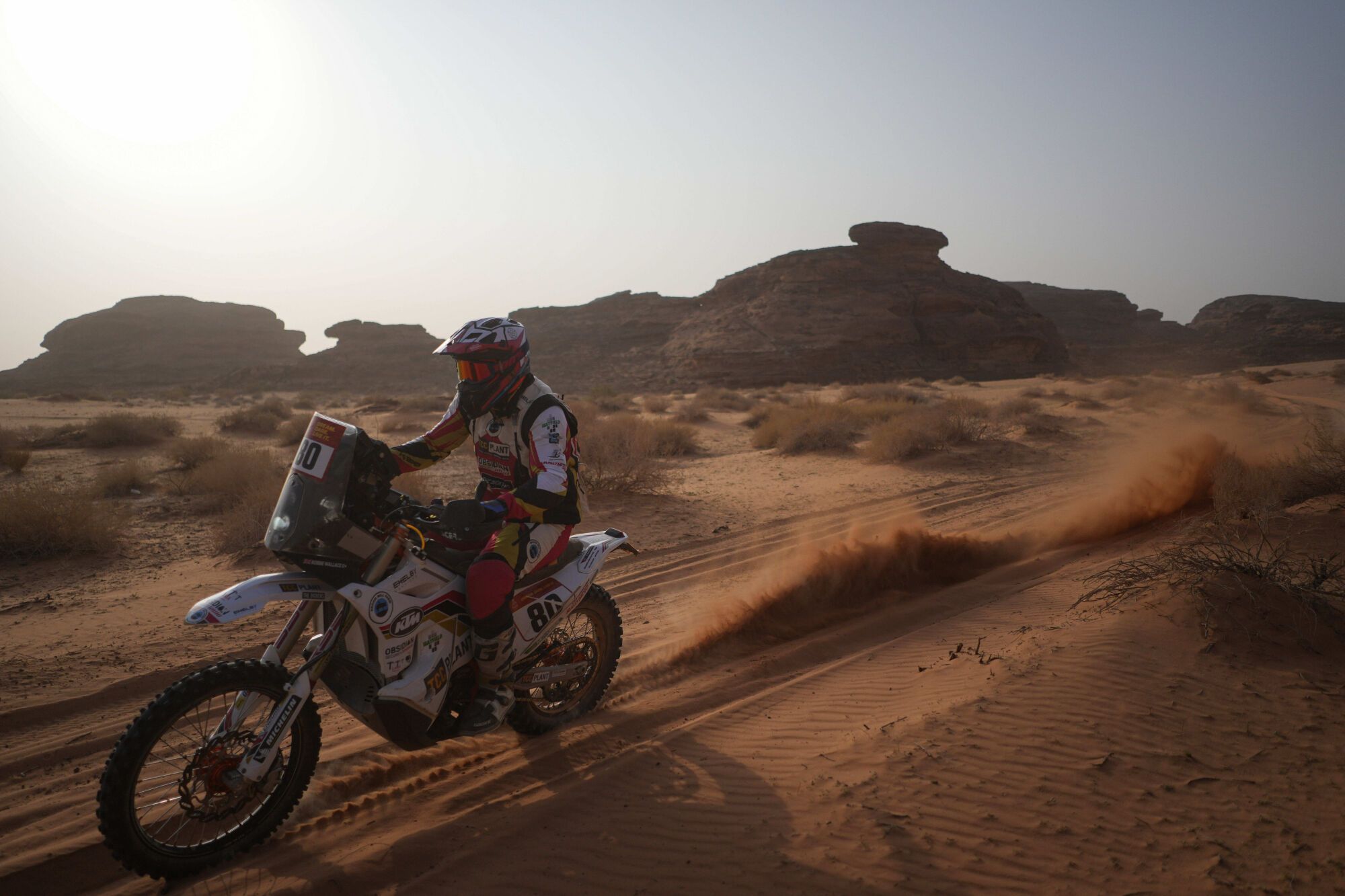 Rider Robbie Wallace competes during the third stage of the Dakar Rally with a start and finish in Alula, Saudi Arabia, Tuesday, Jan. 6, 2026. (AP Photo/Thibault Camus)